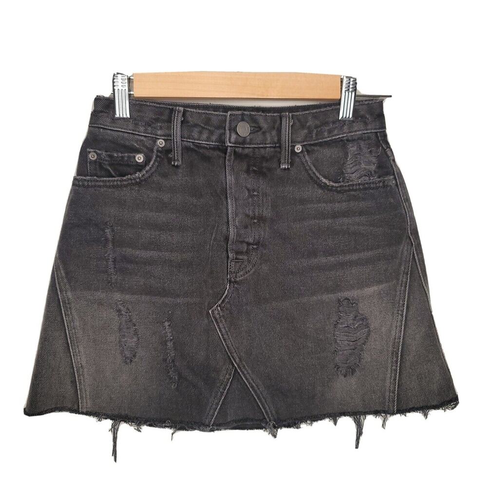 Grlfrnd Women's Black Eva Button Fly Distressed‎ Raw Hem Mini Jean Skirt Size 24